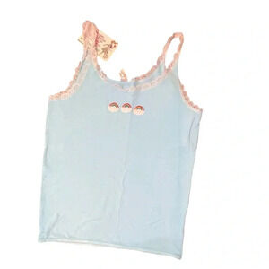 Vintage 90s IN VITRI white lace trim aqua blue tank top with rainbow embroidery
